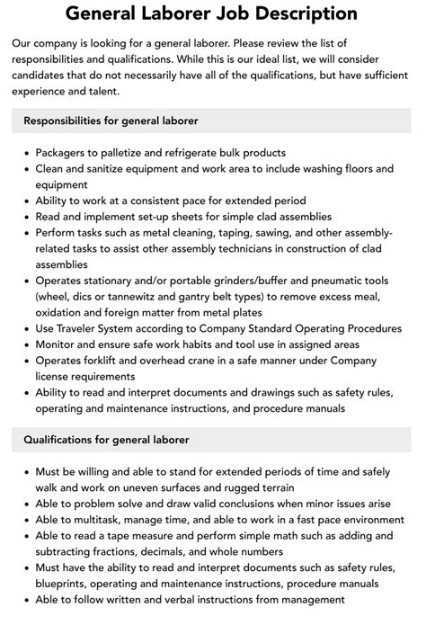 Sample resume laborer jobs